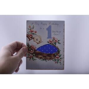 Cute Baby Bird in a Nest Crib, 1st Birthday, Greeting Card, Used